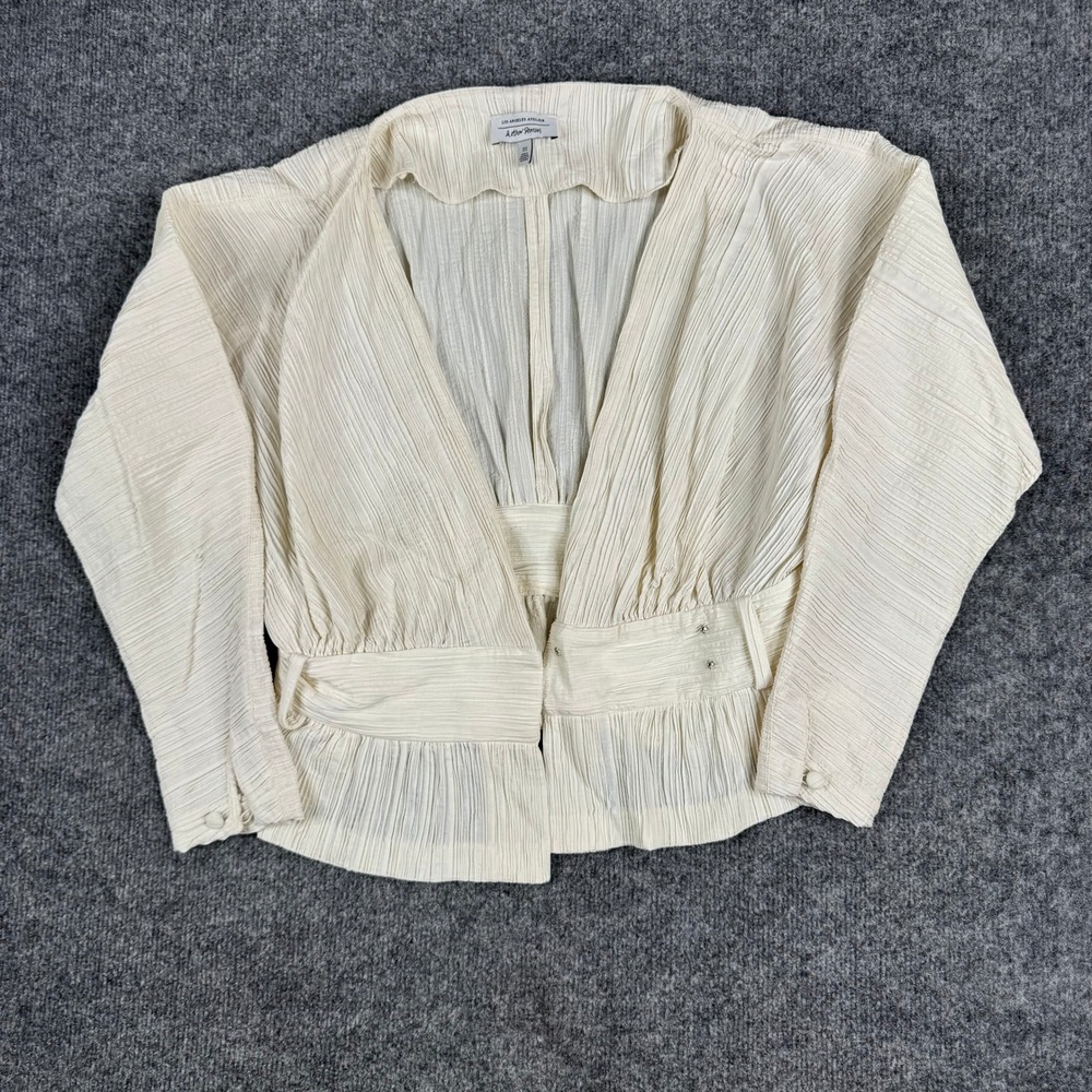 & Other Stories Blouse Womens Size 8 Cream Plisse V-Neck Long Sleeve Cropped
